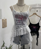 Real Shooting 2025 Summer New Women's Fashionable Lace Letter Print Sling Vest Ribbon Ribbon Ribbon Sleeveless Top 1193