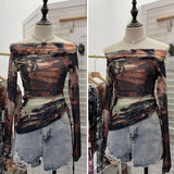 Vintage Graffiti-Printed Shoulder-Threin Mesh Long-Sleeved Blouse Side Drawstring Tethered With Slime T-Shirt 8959