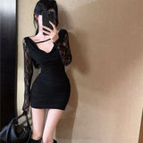 Purely Sexy Lace Splicing Collared Shoulder Dress Girl Babes Design Folds To Pick Up The Waistbs Of The Little Black Dress