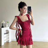 2026 Lotus Leaf Tie With Red Dress Summer Thin Mesh Style Thousands Of Folded Belt Sling Skirts