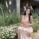 Tea Break French Pink Dizzying Flowers V Tie Sling Dress Super Beautiful Bag Butt Temperament Long Dress