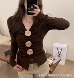 Three-Dimensional Rose Knit Shirt Women's Early Autumn New Top High-End Feel Jacket Design Small Sweater Long Sleeve