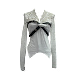 Real Shooting Babes V-Neck Lace Lace Splicing Belt Long Sleeve Design Irregular Short Bottom Top 2752