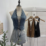 Real Shooting Cowboy Hollow Wearing Rope Strap Hanging Neck Sling Vest Hottie Sexy Bare Back Short Sleeveless Top 827