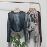 Design With A Thin-Dyed Sexy Mesh Long-Sleeved Sunscreen T-Shirt With A Short Top 8928