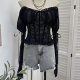 Real Shoot Hollow Perspective Lace Jersey Hot Girl Sexy Bump Color Mesh With Chest Cushion Long Sleeves Short Shoulder Top 9652