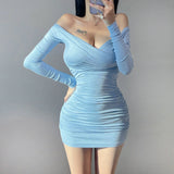 Sky Blue V-Neck Thread Cotton New Folded Waist Dress Long Sleeve Tight-Namped Thin-Bossed And Hip Skirt Short Skirt