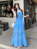Early Summer Beauty Holiday Style French Design Tie Dye Blue Sling Dress Women 2026 Summer New Long Dress