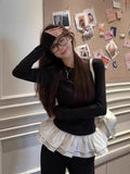 Ballet Lace Splicing Bumpy Long-Sleeved T-Shirt Girl Autumn Hottie Thin Shoulder Bottom Shirt Inside Ins Top