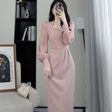 2025 Spring Long Sleeve French Waist Design Sense Of Medium Long Temperament New Square Neck Display Thin Dress Casual
