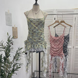 Rally Lattice Mesh Sling Sling Vest Hanging Neck Splicing Lace Irregular Lotus Leaf Edge Ribbon Sleeveless Top 6511