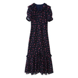 Summer New Buckle Lotus Leaf Side Print Chiffon Fork Dress Dress