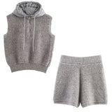 BSK&TRAF Women's Autumn 2025 New Towel Knitted Half-Zip Hooded Vest Shorts Set
