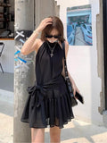French Hanging Neck Sleeveless Blue Dress Women's Summer Design Feeling Bow Strap A Skirt Black Skirt