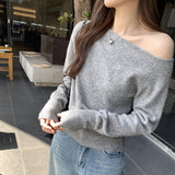 2026 Early Spring Gentle Wind Side-Slope Shoulder-Shaped Collar Wool Knitted Sweater Women Autumn And Winter On The Waist