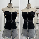 Real Shooting Hottie Zipper Open Shirt Bra Vest Female Feel Slightly Through The Repair Of The Short Sleeveless Top With Belt 6172