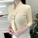 Belt Ribbon Design Seven-Sleeve Top To Slim Thin Knitted Women's Metal Buckle Summer New Short-Sleeved South Korea