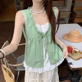 Lace Splicing Fake Two Plaid Sleeveless Vest Shirt Women Summer Lotus Edge Bow Tied With Loose Top