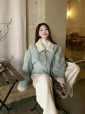 Korean High-Grade Light Blue Collar Short Lamb Wool Coat Women 2026 Winter Leather Jacket Top