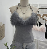 Real Shot Hair Splicing Hanging Neck Sling Vest Sexy Low Chest Bare Back Short Sleeveless Top 2802
