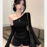 2025 Autumn And Winter New T-Shirt Offensive Slanted Short-Edose Blouse Korean Version Of Hottie Solid Color Long-Sleeved Bottom Shirt Woman
