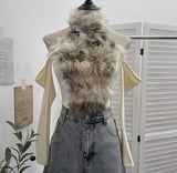 Real Shot Hairy Bow Hanging Neck High Neck Retro Shoulder Long-Sleeved T-Shirt Sexy Hottie Repair Body Dress 27912