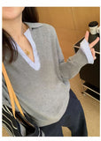 2025 Early Autumn New Korean Version Of The Fake Two-Colored Knitted Shirt Casual Temperament Commuting Long-Sleeved Sweater