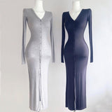 Temperament Slime V-Necked Body Long-Sleeved Long-Sleeved Mid-Long Dress Spring And Autumn New Korean High-Waisted Hip Dress Ins