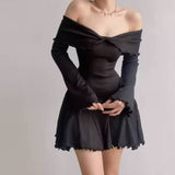 Spice Girls Pure Lust Wind Shoulder Cross Long-Sleeved Dress Women Autumn And Winter New Dress Waist A Word Outside Wearing Short Skirt