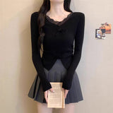 Lace Fashion New Splicing V-Neck 2025 Coat Bow Tie With Waist-Up Small Jersey Knitwear