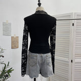 Real Shooting Babes V-Neck Lace Lace Splicing Belt Long Sleeve Design Irregular Short Bottom Top 2752
