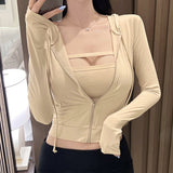 Two Sets Of Hooded Zippered Sweating Long Sleeves Short Top + Bra Vest South Korea Tight Thin New Autumn