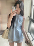 Sweet Babes Hanging Neck Sling Small Vest Women Wearing French High-End Feel Beautiful Shirt Blue Sleeveless Top