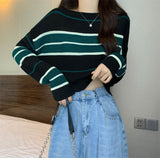Short Knitted Shirt Women Spring Autumn Korean Chic Style Wearing Striped Hit-Bottomed Shirt Lazi Long-Sleeved Top