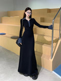 Korean Black Polo Collar Knitted Dress Women's Autumn And Winter Coat Inside The Repair Waist Temperament Long Skirt