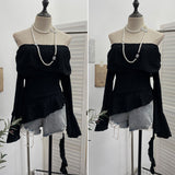 The Ballet Style Shoulder Fold Texture Texture Coat Irregularly Ribbon Horn Sleeve Short Shirt 1158