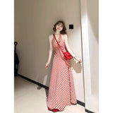 French Red Lattice Hanging Neck Sling Dress Woman 2025 Summer Seaside Holiday Wind To Show Lanky Skirt