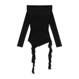 One-Word Shoulder Mesh Long Sleeve Sunscreen T-Shirt Girl Autumn Body-Repair Ribbon Irregular Sweet Hot Girl Tight Short Top