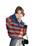 Vintage POLO Collar Striped Knitted Shirt Girl Spring And Autumn Small Loose Short-Sleeved Sweater Chic Top
