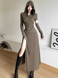 Vintage Wasteland Design Hooded Dress Tedsiness Folds Show Thin High Open Fork Babes Long Dress