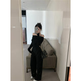Sensing Temperament Set Decoration Body Slim Shoulder Long Sleeve Top Lady Autumn Broad Leg Pants Two Sets