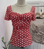 Love Print Small Bow Net Collar Folded Body Elastic Short-Sleeved T-Shirt 28313