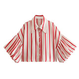 Women's Clothing Spring 2025 New Loose Casual Striped Lantern Sleeve Short Shirt Lady Top