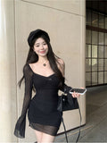 Pure Hottie Mesh Splicing Long-Sleeved Dress Women's Autumn And Winter Sexy Bareback Bow Dress With Hip Skirt