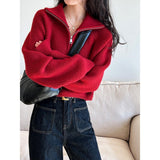 Knitted Autumn And Winter New Age-Reasing Design Zipper Loose Thin Collar Languid Sweater Top Woman