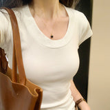 2026 Early Spring Basic U-Neck Shoulder Short-Sleeved T-Shirt Women's Summer Elastic Bottom Shirt Slim Slim Simple Top