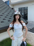 French Retro Wooden Ear In The Word Shoulder T-Shirt Girls Summer Irregularly Repair Waist Short Shoulder Tat