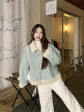 Korean High-Grade Light Blue Collar Short Lamb Wool Coat Women 2026 Winter Leather Jacket Top