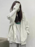 Vintage White Gray Hooded Jacket Women Spring And Autumn Oversize Thin Coat Loose Lazy Shirt Top