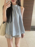 Sweet Babes Hanging Neck Sling Small Vest Women Wearing French High-End Feel Beautiful Shirt Blue Sleeveless Top